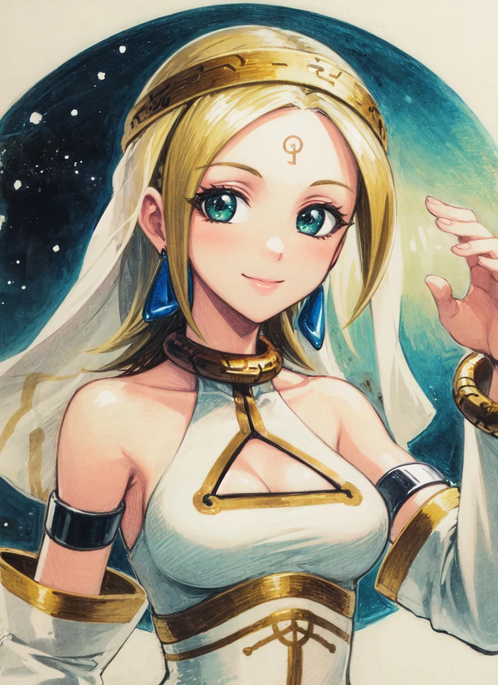 Archer, blond hair,drill hair,flat chest,pointy ears,blue eyes , smiling
standing, upper body,
detached sleeves,bare shoulders, strapless dress,zipper,boots,belt ,white thighhighs, brick road, outer space, stars,
(insanely detailed, beautiful detailed face, masterpiece, best quality) <lora:Archer-10v6:0.8>