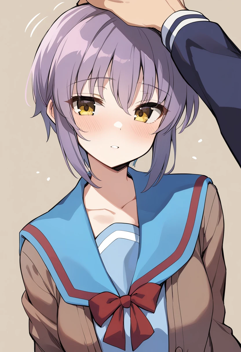 1girl, nagato yuki, winter uniform, kita high school uniform, short hair, school uniform, purple hair, sailor collar, cardigan, blue sailor collar, out of frame, serafuku, solo focus, headpat, bangs, simple background, yellow background, brown eyes, yellow eyes, masterpiece, best quality, <lora:Char - Nagato Yuki - v1 - Bionagato>