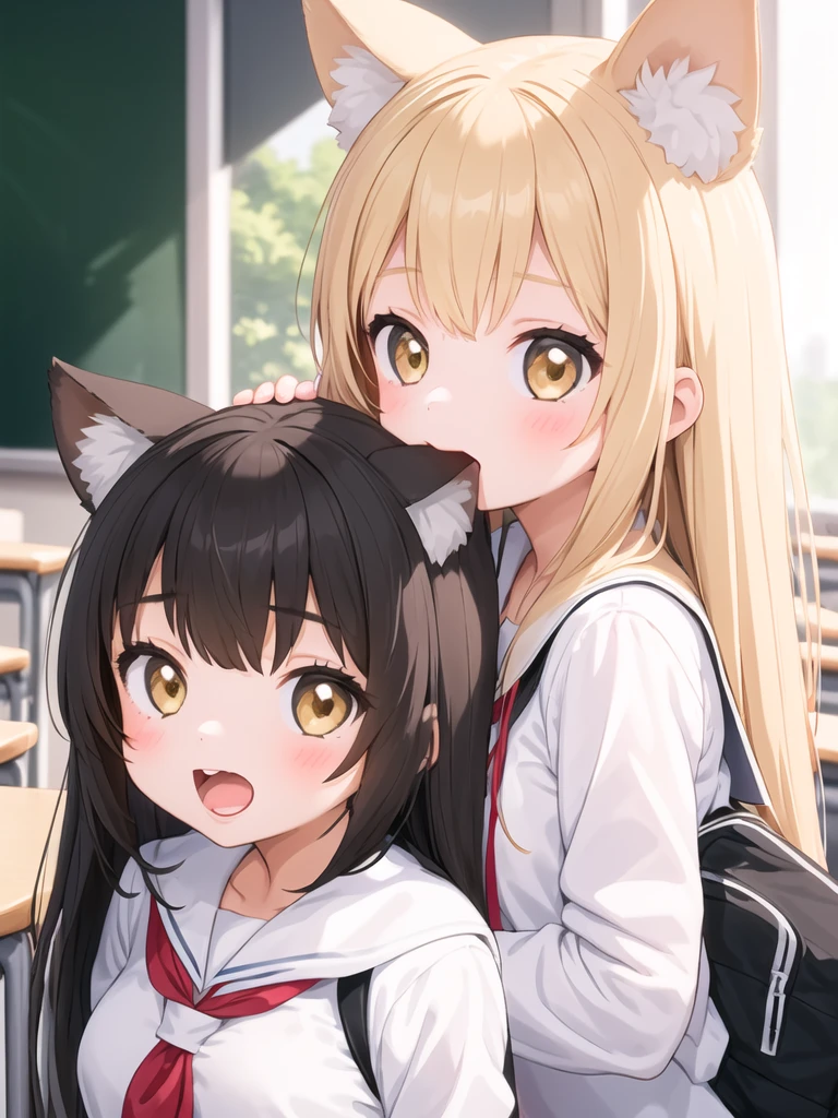 school girl, 2 girls, girl behind girl, animal ears, back girl taking animal ear in mouth, front girl open mouth <lora:amagami-001_0.7:1>