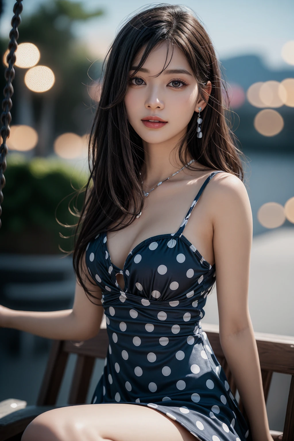 (realistic, photo-realistic:1.37), (masterpiece), (best quality:1.4), (ultra high res:1.2),(RAW photo:1.2), (sharp focus:1.3), (face focus:1.2), vibrant details, hyperrealistic, elegant,
kawaii,cute,
(1 woman, solo),
french twist, bangs
amethyst hair,
azure eyes,drooping eyes,
longeyelashes,eyeshadow,eyeliner,earrings,
(smile),
((Clothes: A polka dot swing dress with a sweetheart neckline.):1.37),
BREAK
simple background, ((night,bokeh):1.37),