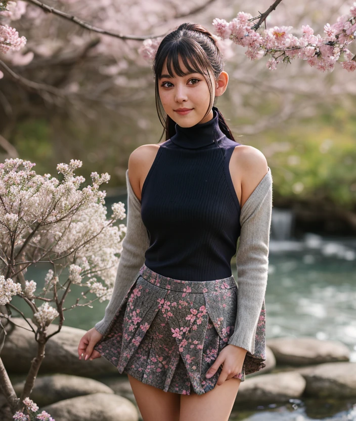 <m0k4h1>, woman, nature asian, upper body, Flowering, intricate, skirt, (Japanese dress, turtleneck)