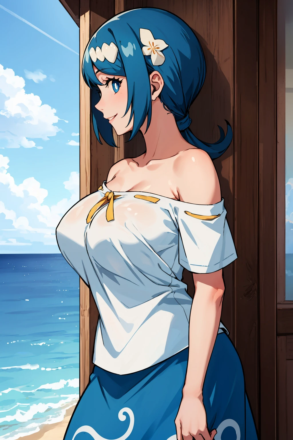 masterpiece, best quality, <lora:lanamother-nvwls-v1:0.9> lanamother, white pupils, long hair, hair ornament, shirt, blue and white skirt, short sleeves, large breasts, mature woman, off-shoulder, profile, looking at viewer, ocean, smile
