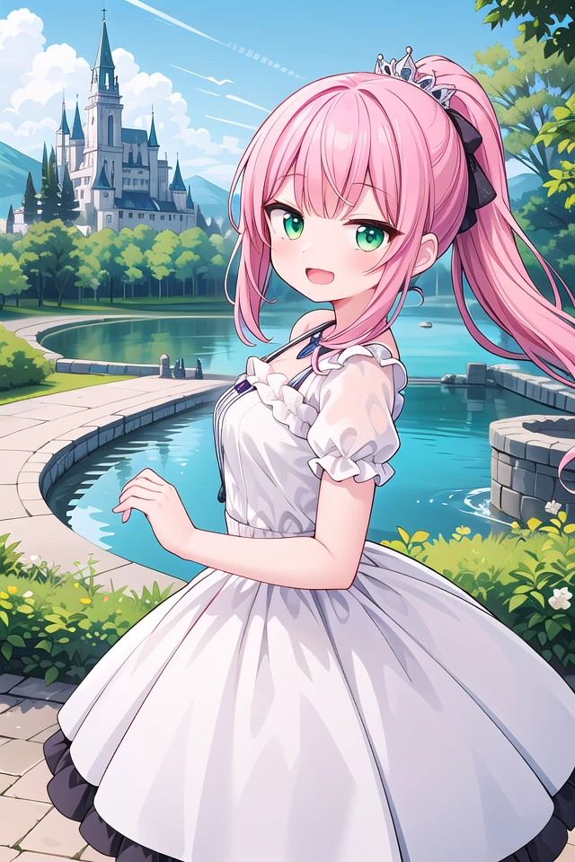 insanely detailed, absurdres, ultra-highres, ultra-detailed, best quality,
1girl, solo, nice hands, perfect hands,
BREAK
(wearing princess dress), teara,
happy smile, laugh, open mouth,
standing,
from side, cowboy shot, looking at viewer, (holding bar:-1.5), (hip:-1.5)
BREAK
slender, kawaii, perfect symmetrical face, ultra cute girl, ultra cute face, ultra detailed eyes, ultra detailed hair, ultra cute, ultra beautiful,
BREAK
fantasy world, (castle in background, lake:1.3), (very wide, panorama view, sense of depth, magnificent view:1.3)
BREAK
princess girl, pink hair, green eyes, medium breasts