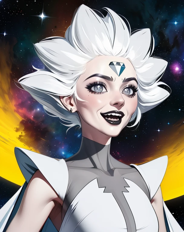 Witdim,large white hair,star shaped hair,forehead jewel,white skin,grey eyes,
white robes,cape,shoulder pads,open mouth,
standing,upper body,evil smile,
solo,stars,space,
(insanely detailed, beautiful detailed face,beautiful detailed eyes, masterpiece, best quality),<lora:whitediamond-10SSV9:0.9>,