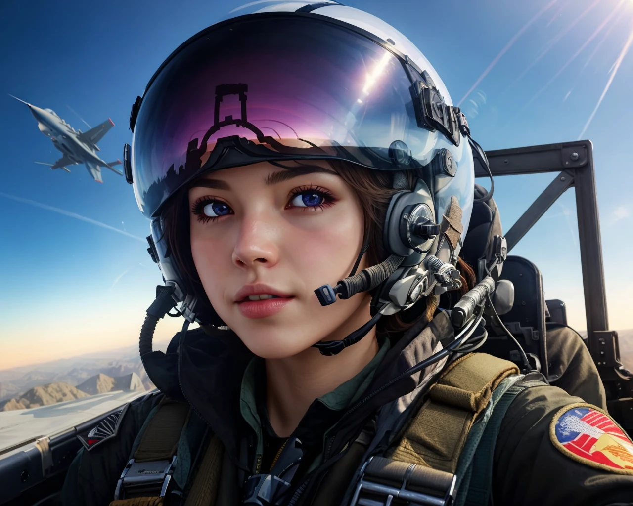 best quality,masterpiece,highly detailed,ultra-detailed, <lora:neg4all_bdsqlsz_V3.5:-1>,1girl, <lora:jetpilotpov:0.75>pilot pov, pilot, military, helmet, cockpit, science fiction,blue sky, fighter jet, ,medium shot,micro shorts, pilot mask, extremely detailed eyes, fantastic details full face, mouth, trending on artstation, pixiv, cgsociety, hyperdetailed Unreal Engine 4k 8k ultra HD,