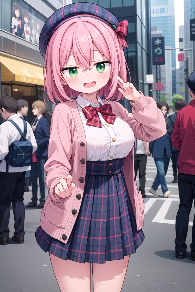 insanely detailed, absurdres, ultra-highres, ultra-detailed, best quality,
1 girl, solo, nice hands, perfect hands
BREAK
(vintage-inspired beret with flower pin:1.3), (navy and red plaid dress:1.5), (golden buttons down the front:1.2), (ivory blouse with ruffle detailing and red bow tie:1.4), (peach cardigan with cable knit pattern:1.3), (black tights:1.1), (red Mary Jane shoes:1.2)
BREAK
laugh, open mouth, wavy mouth,
cute pose, cowboy shot, looking at viewer
BREAK
slender, kawaii, perfect symmetrical face, ultra cute girl, ultra cute face, ultra detailed eyes, ultra detailed hair, ultra cute, ultra beautiful,
BREAK
in harajuku, shibuya, tokyo, street, crowd, cityscape,
large breasts
BREAK
(pink medium hair, dark green eyes), hair between eyes