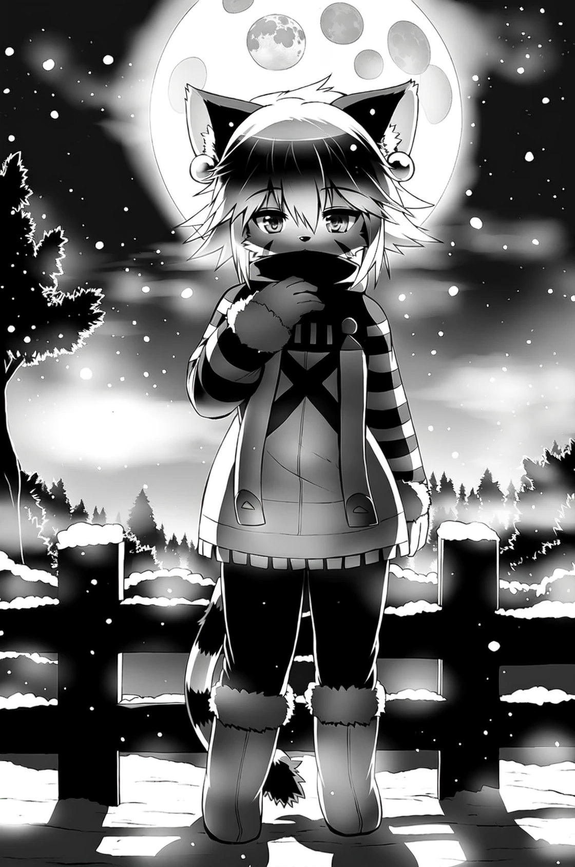 masterpiece, high quality, elh, by horokusa0519, (line art, monochrome, comic:1.1), 1girl, solo, furry female, full body, cat girl, (detailed eyes:1.2), looking down, (right hand on own chest:1.2) standing, half-closed eyes, (body fur:1.15), elhattire, (strap:1.2), covered mouth, black pants, white boots, fur-trimmed boots, cat ears, detailed hair, grey hair, short hair, shiny hair, earrings, animal nose, striped tail, striped sleeves, facial mark, detailed background, fence, tree, moon, dark, (fog, snow, particles, blizzard:1.1), hdr <lora:elhV2:1>