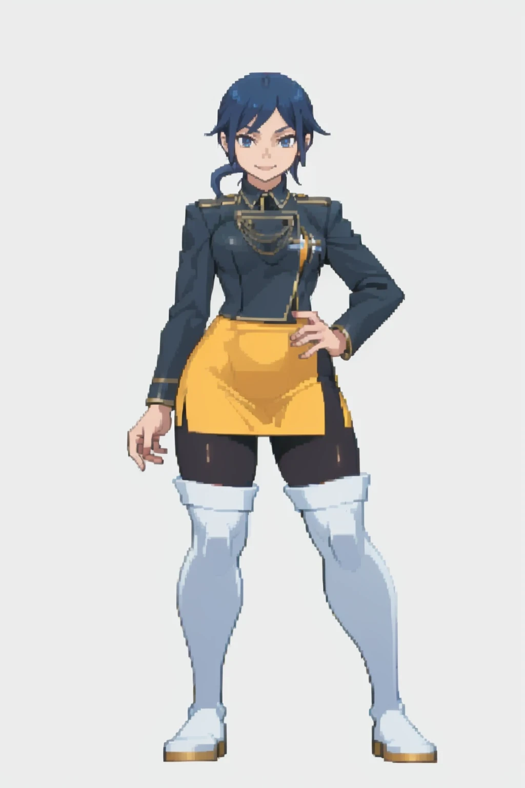 masterpiece, best quality, solo, 1girl, looking at viewer, smile, <lora:Makoto-Sako_Fp_1:1>, makotodesu2, uniform, skirt, pantyhose, boots, <lora:Cps2V3test_Fp:0.8>, full body, simple background, standing