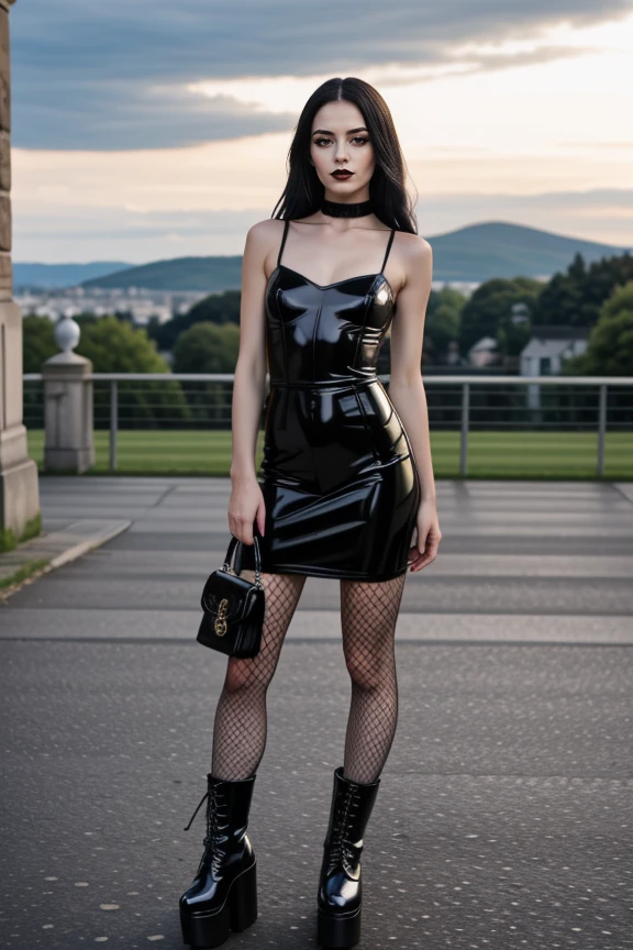 realistic, masterpiece, high detailed skin, looking at viewer, full body shot, scenic view, long hair, black hair
<lora:Latex_Gothic_Short_Dress_By_Stable_Yogi:1> latex pattern, gothic short black dress, bare shoulders, choker, fishnets, platform boots, bag