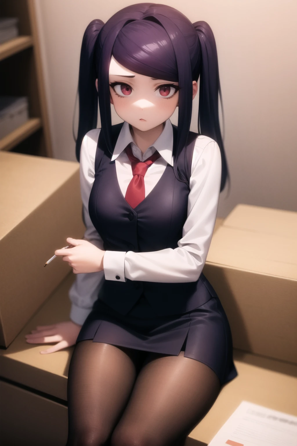 <lora:jill-stingray-000005:1> jill stingray, necktie, pantyhose, skirt, vest, white shirt,
1girl, 
storage room, sitting, corner, smoking