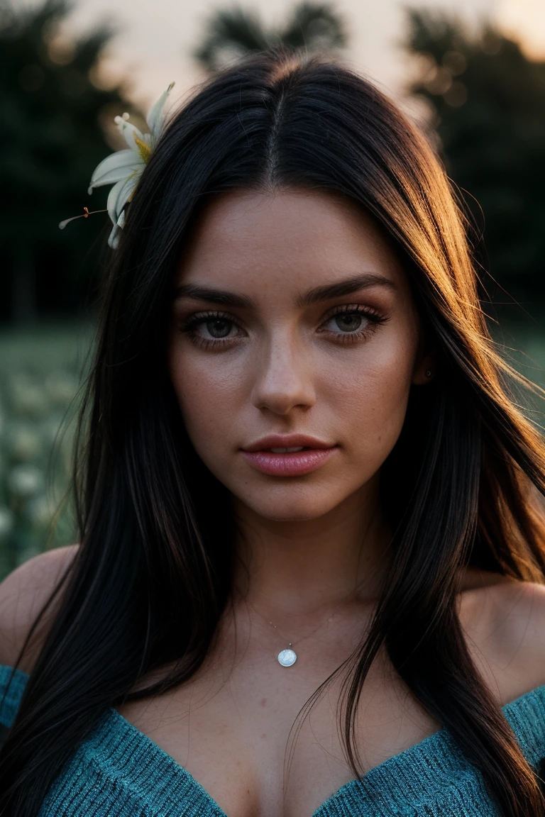 photo of (rydrmccr4nn-134:0.99), a beautiful woman, perfect hair, (serious look), (modern photo, Cornflower Blue Off-the-shoulder knit poncho), 24mm, (analog, cinematic, film grain:1.3), (A tranquil, moonlit field of wild lilies:1.2), detailed eyes, (seductive pose), (epicPhoto), (looking at viewer), jewelry, (cinematic shot:1.3), PA7_Portrait-MCU