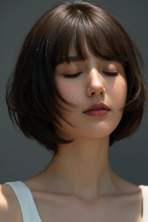 face closeup,closed eyes,beautiful girl,brunette,short hair,curly bob cut,dark theme, detailed skin, empty background