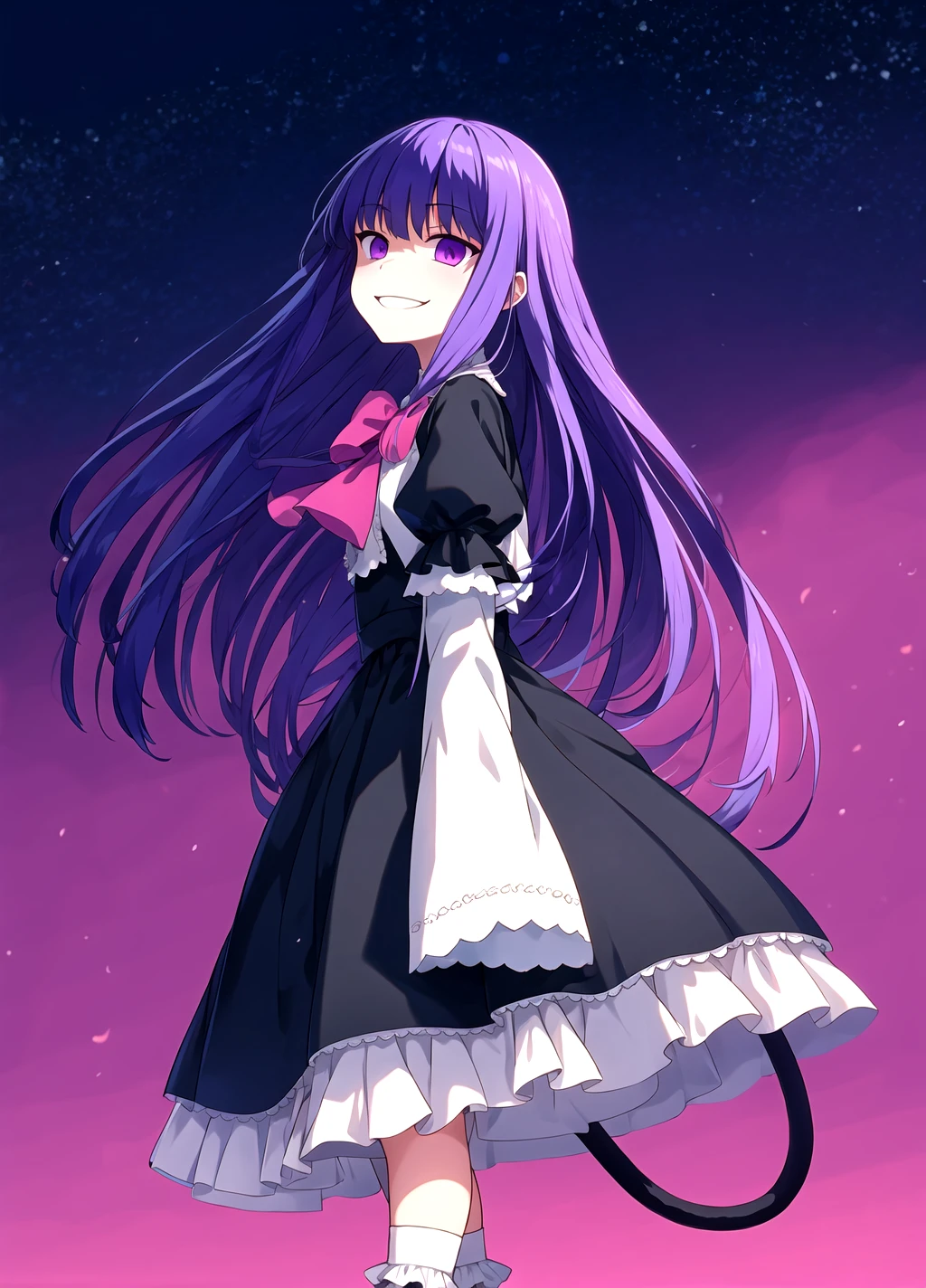 facing us, masterpiece, best quality, outdoors, red clouds, red lights everywhere, frederica bernkastel, hands behind your back, background empty field to the horizon, dark background, dark clouds sky , 1girl, tail, solo, purple eyes, dress, long hair, cat tail, blue hair, bow, ribbon, kneehighs, frills, <lora:Frederica Bernkastel anyloraCheckpoint8ep26ryes40-000006:0.7>, yandere, evil smile, closed mouth, dark, pink theme, pale skin, shaded face, <lora:yameroyandere-v2:0.7>