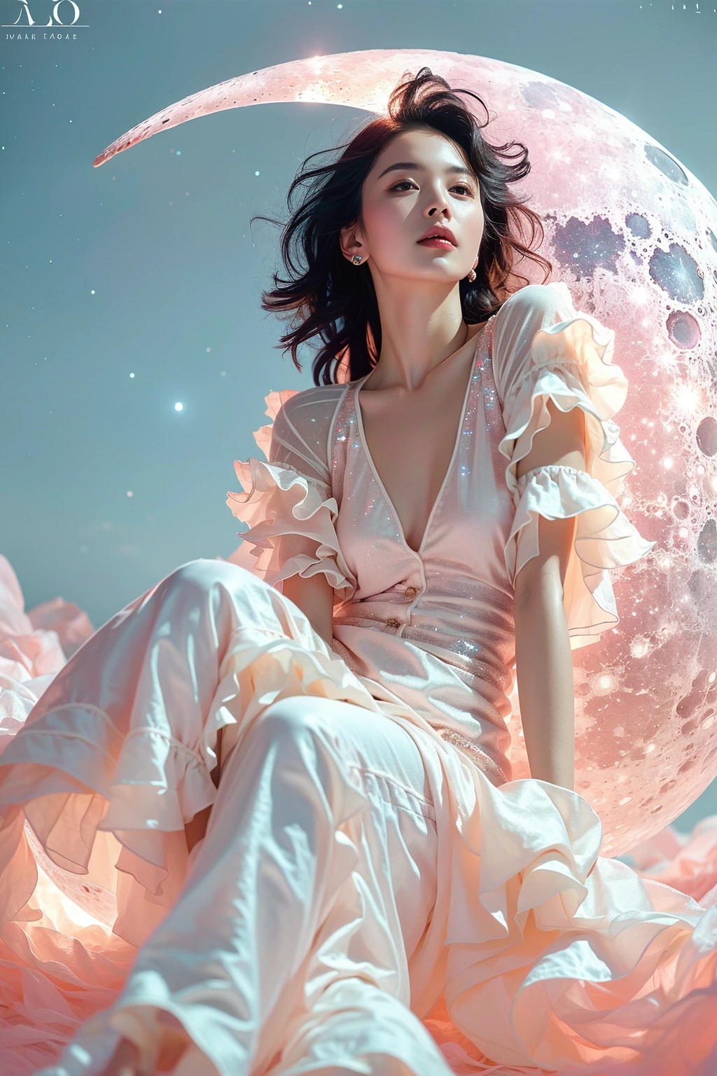 A girl, upper body, black hair, sitting on the moon, looking at the camera, pink dress, red light, red moon, starry sky,