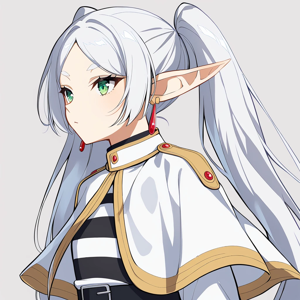 1girl,solo,pointy_ears,twintails,green_eyes,long_hair,jewelry,white_hair,white capelet,earrings,elf,capelet,belt,shirt,dress,parted_bangs,long_sleeves,bangs,white_dress,<lora:frieren-000013:0.7>,