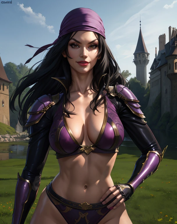 LiMei,black hair,brown eyes,long hair,
top,navel,gauntlets,bandana,underwear,collarbone,shoulder pads,serious,
standing,looking at viewer,hips,
smile,fantasy,morning,castle,
(insanely detailed, beautiful detailed face, masterpiece, best quality),solo,<lora:LiMei3DA-10V7:0.8>,