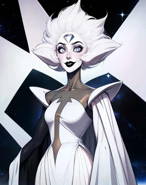 Witdim,black lips,white hair,star shaped hair,forehead jewel,pale skin,black eyes,star-shaped pupils,
white robes,cape,shoulder pads,elbow sleeve,
standing,upper body,evil smile,
solo,stars,space,
(insanely detailed, beautiful detailed face,beautiful detailed eyes, masterpiece, best quality),<lora:whitediamond-10SSV9:0.9>,