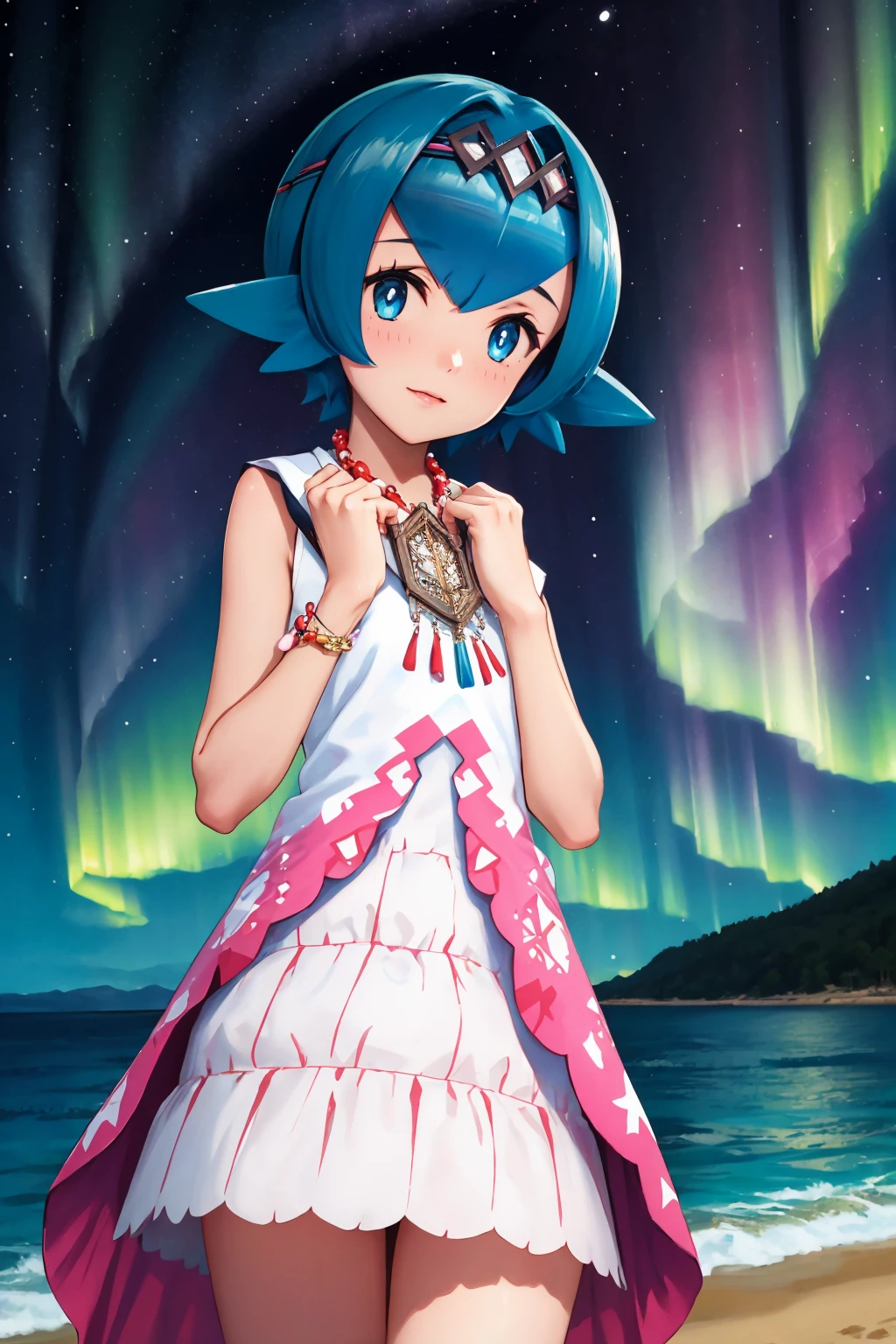 masterpiece, best quality, <lora:pkmnlana-nvwls-v1-000009:1> pkmnLana, circlet, necklace, pink and white dress, sleeveless dress, bracelet, night, ocean, looking at viewer, aurora, hand on own chest
