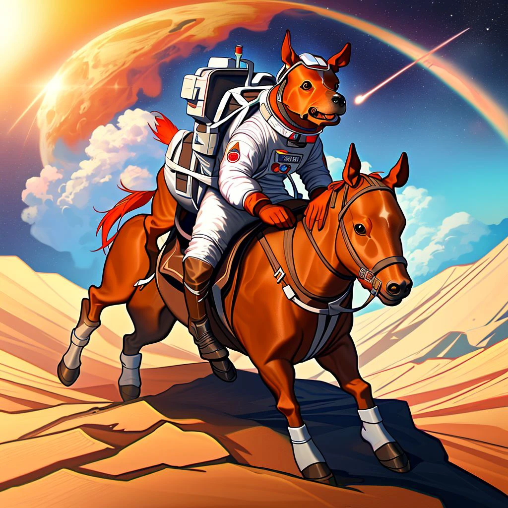 An astronaut HuWoof is riding a horse on mars <lora:SD15-HuWoof-LoRA:1>