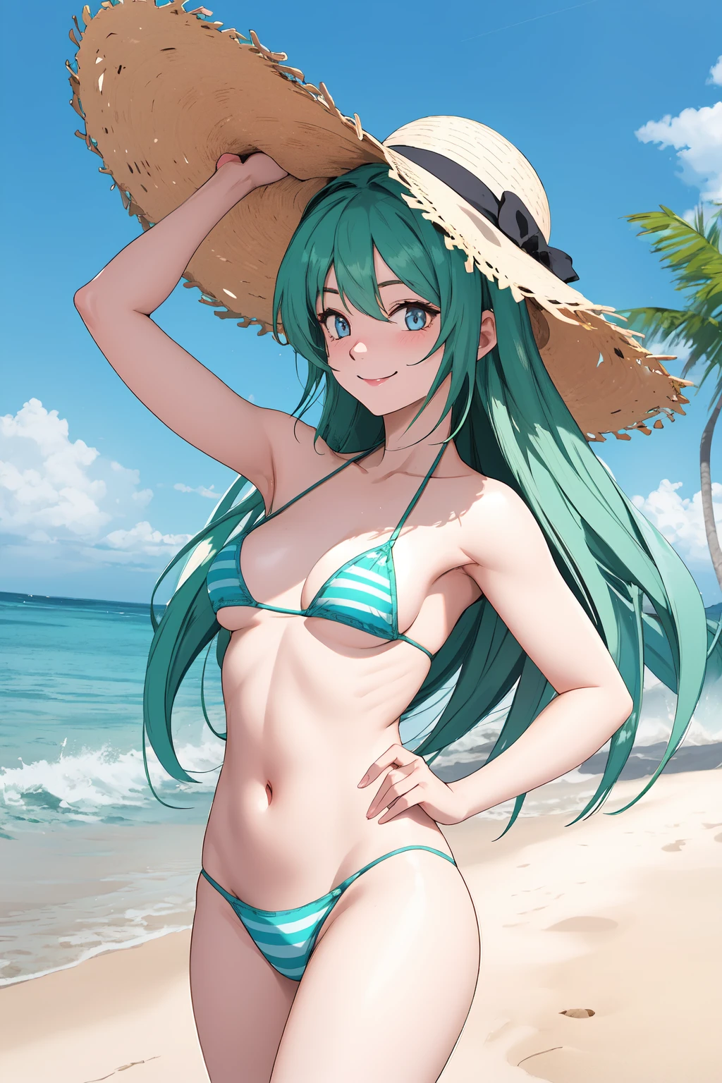 (RAW photo, best quality), 1girl,  natural lighting, outdoor,
 <lora:innai_kansen_orikawa_satsuki_v2_2:1>, orikawa satsuki, 
smile, beach, ocean, bikini, straw hat,