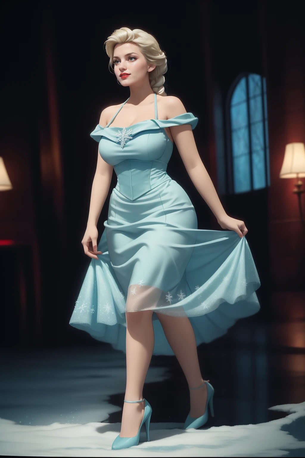 analog film photo beautiful adult woman (photogenic), elsa \(frozen\), blue, (frost magic), snowflakes, high detail, best quality, high quality, standing, <lora:WITRD-50:0.9> dress, rim lighting, 50's hair, hourglass figure, textured skin, grand hall, bokeh, full body, high heels, <lora:Tweak_BreastSize:0.1>, skirt, smile, (red lips), vibrant colors, seductive, <lora:Tweak_NoiseOffsetHigh:0.4> . faded film, desaturated, 35mm photo, grainy, vignette, vintage, Kodachrome, Lomography, stained, highly detailed, found footage