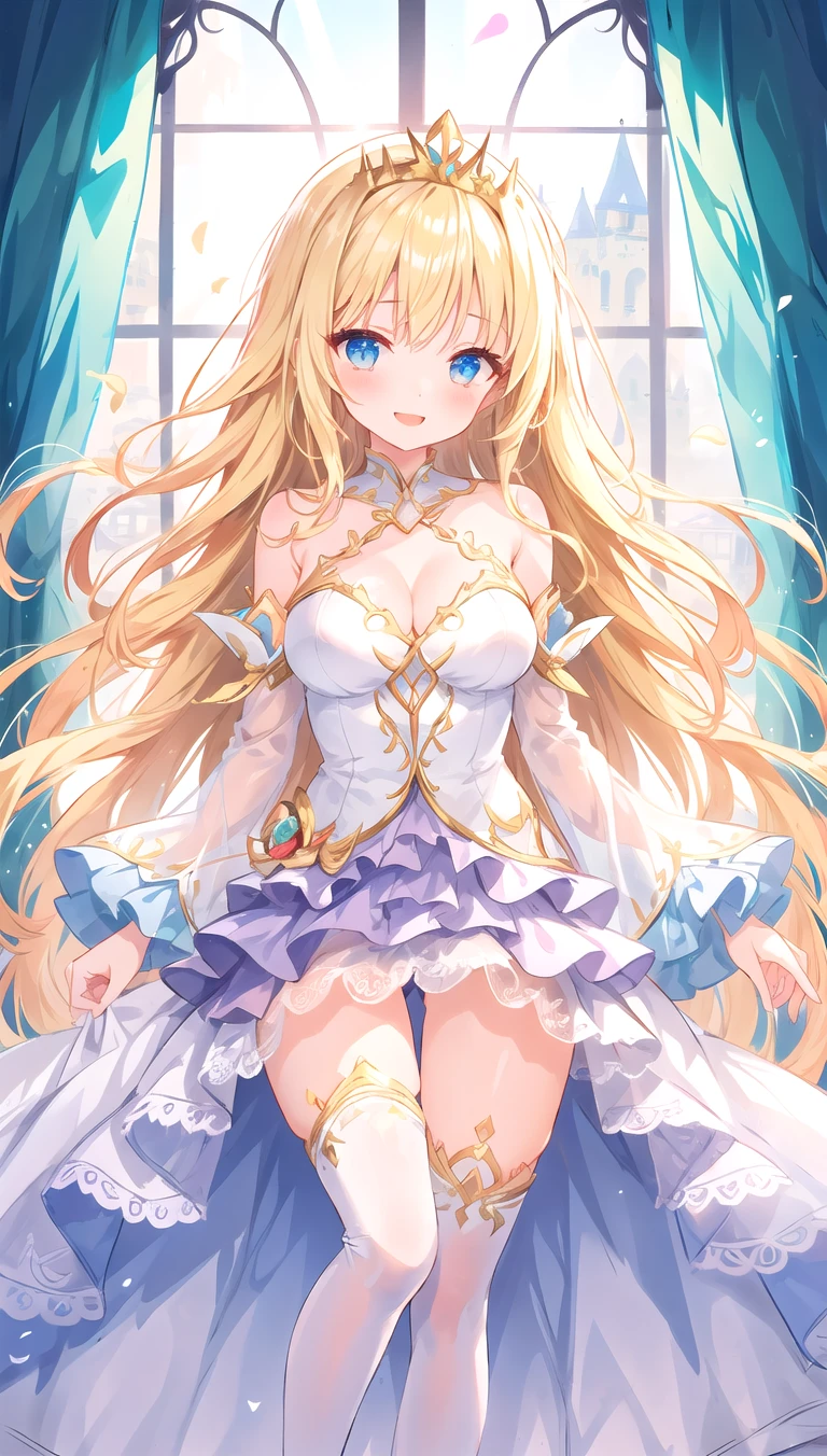 cute girl, tiara, lace trim, messy frills, white layered dress, blond hair, shiny hair, sunlight, long hair, (cleavage:0.65), window, white legwear, jewelry, detached sleeves, castle, (happy)