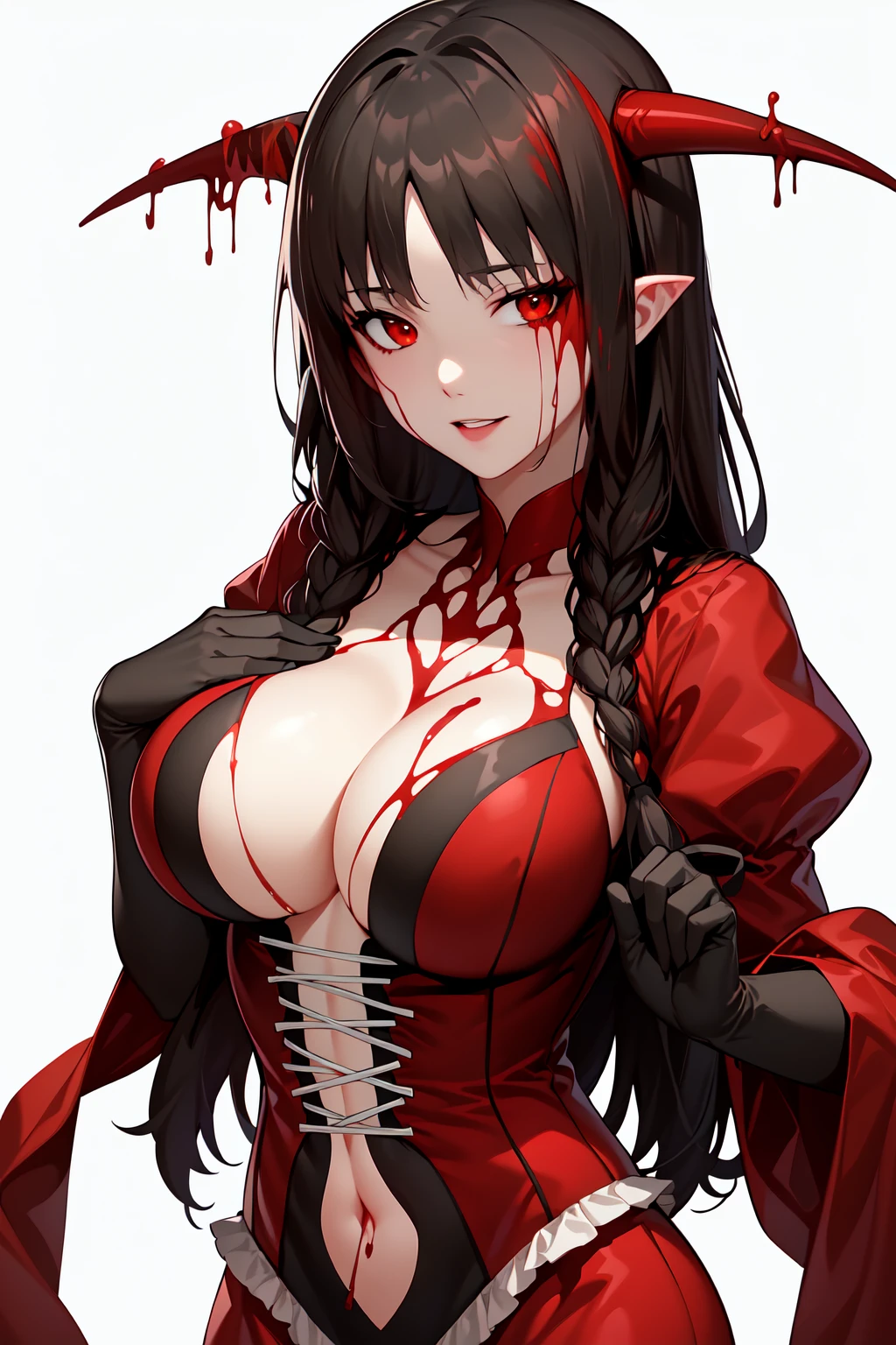 best quality, masterpiece,<lora:Bloodlessv3:0.7> bloodless, bloody gown, black gloves, horns, looking at viewer, white background,