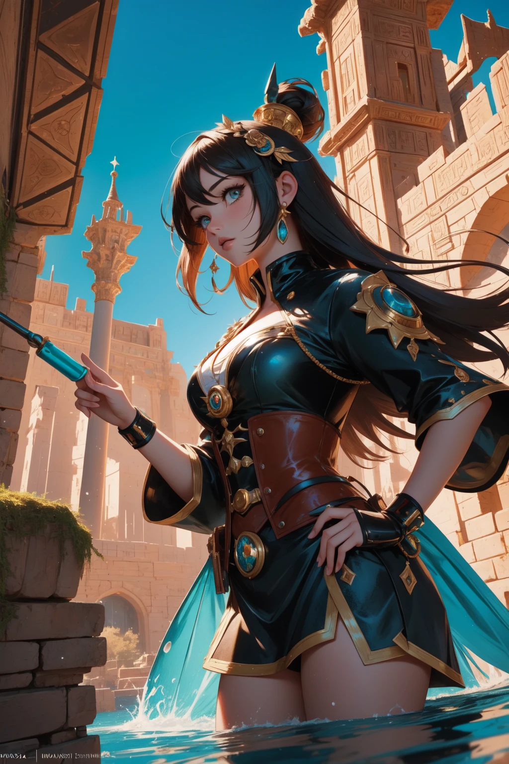 1girl, (character art stylized by Thomas Nast:1.0) and (Christian Griepenkerl:0.9) and (Ward Kimball:0.8) , masterwork detailed mundane, elegant, landscape of a Giant Rusty ([Leptis Magna|Peles Castle]:1.3) in the distance there is a Stadium, Mustard pond with Mossy rock, at Overcast, Dynamic, Fairy-Tale, Romanesque, Neon Light, 35mm, Film Washi, League of Legends Splash Art, blended visuals, pixiv, Best quality