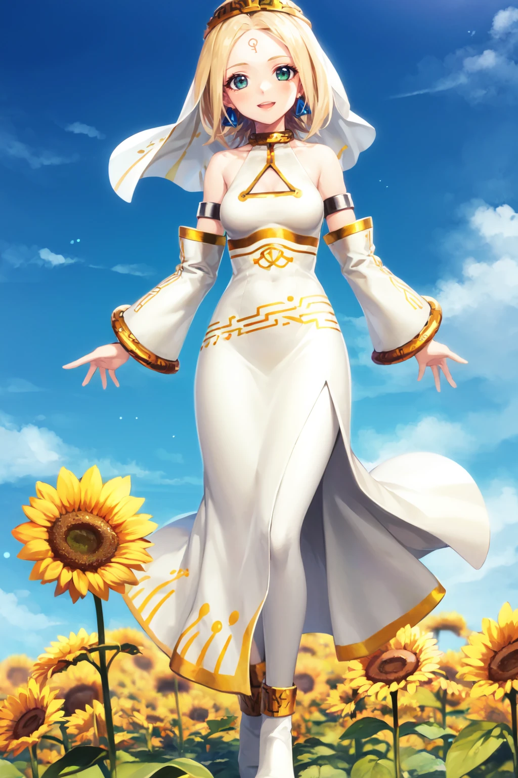 finasa, 1girl, solo, forehead mark, circlet, earrings, veil, white dress, cleavage cutout, armlet, detached sleeves, white pantyhose, boots, white footwear, side slit, sunflower, field, sky, full body, smile, open mouth <lora:finasa_V1-11:0.7>