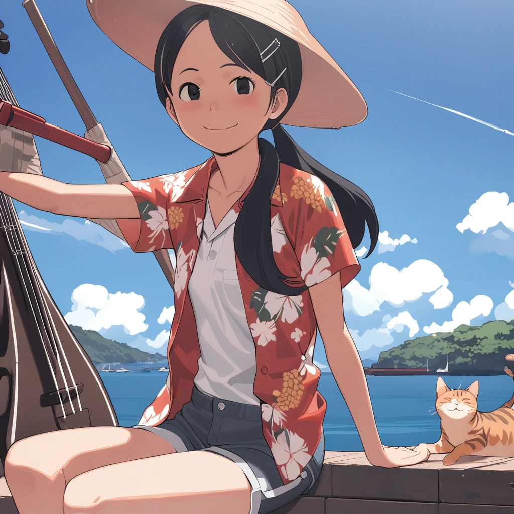 masterpiece, best qualityï¼ <lora:col_xl:1>ï¼1girl, solo, instrument, hat, black hair, smile, sitting, black eyes, shorts, cloud, day, sky, boat, outdoors, hair ornament, water, ocean, watercraft, shirt, ponytail, hairclip, looking at viewer, floral print, cat, blush, straw hat, hawaiian shirt, long hair