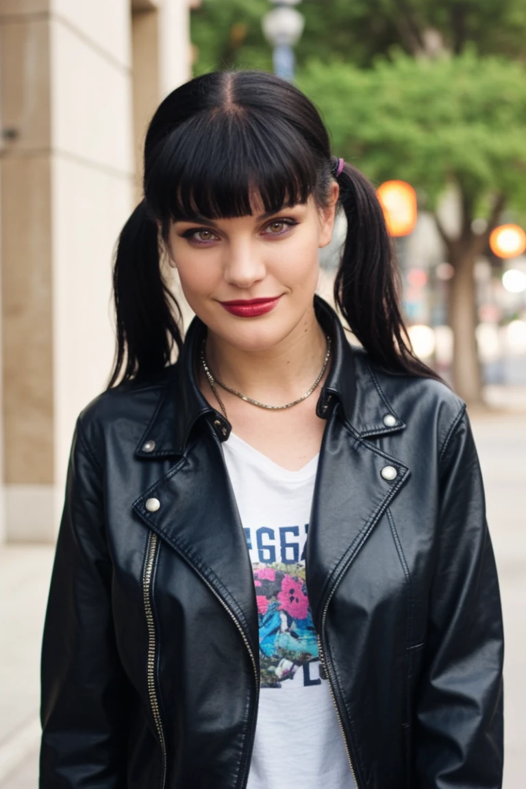 <lora:mondongo_LoRA_PauleyPerrette:1> mndngwmn, pigtails,bangs, wearing a leather jacket, on the street
