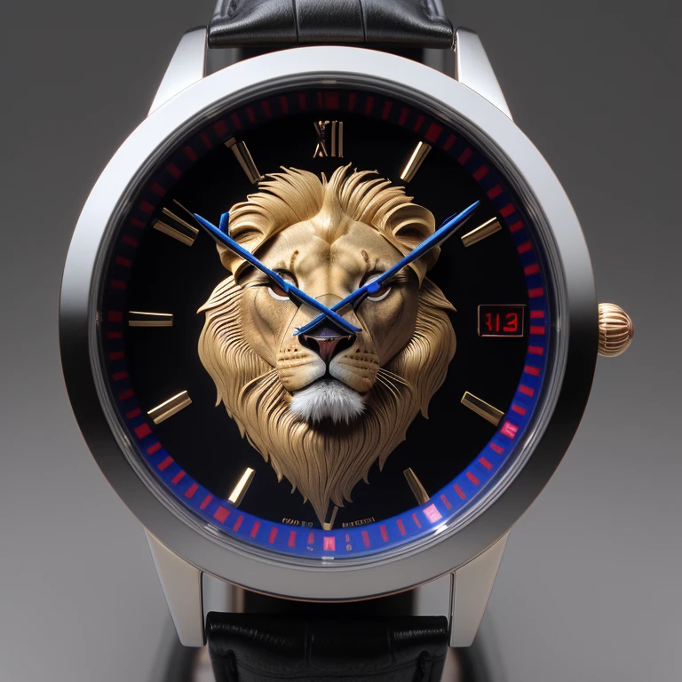 3D Packaging Design for Premium Watch Packaging with Exotic Animal Theme  Incorporate a lion logo into the design
   Clean and sophisticated text style  Use a black and white color palette with touches of red and blue  Volumetric light effects in the studio setting for an elegant presentation