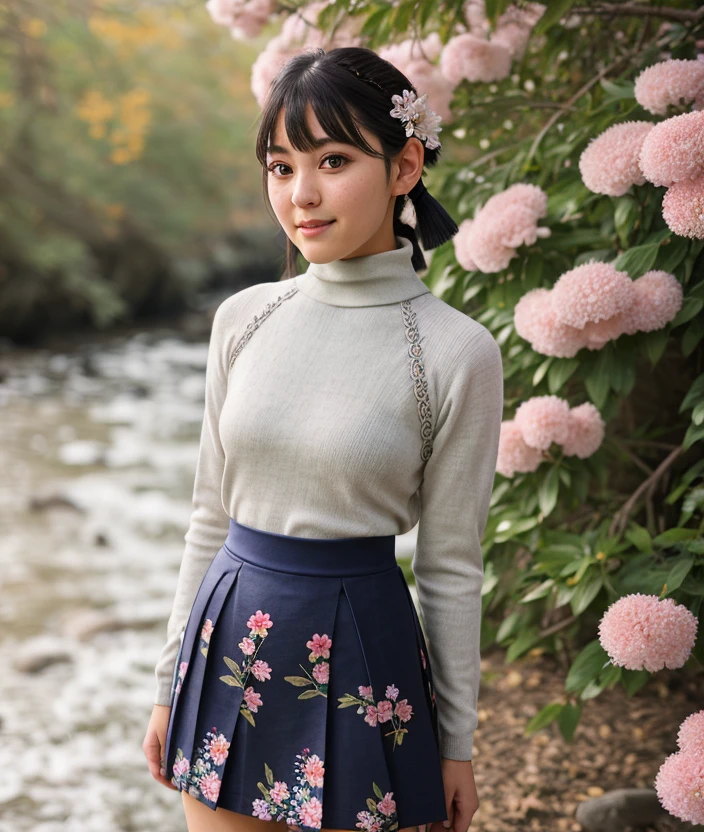 <m0k4h1>, woman, nature asian, Flowering, intricate, skirt, (Japanese dress, turtleneck), close portrait photo