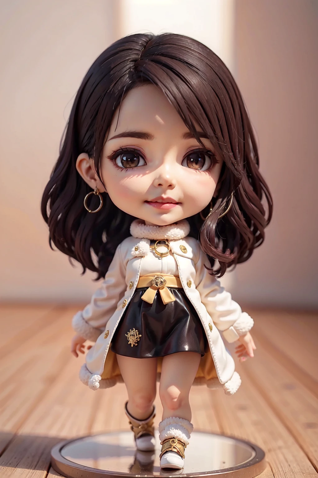 masterpiece,realistic,extremely intricate,extremely delicate,hyperrealistic render,best quality,highres,extremely detailed CG,perfect lighting,intricate detail,full body,solo,1girl,light smile,upper teeth,lipstick,colorful eyeshadow,22 years old,standing,brown hair,short hair,brown eyes,black long dress,Haute Couture,fur coat,gem,watch,corsage,jewelry,shiny skin,thighs,gold necklace,hoop earrings,(banquet:1.3),Cinematic Lighting,<lora:chibi_full-body_blindboxV1Mix:1.2>,chibi,