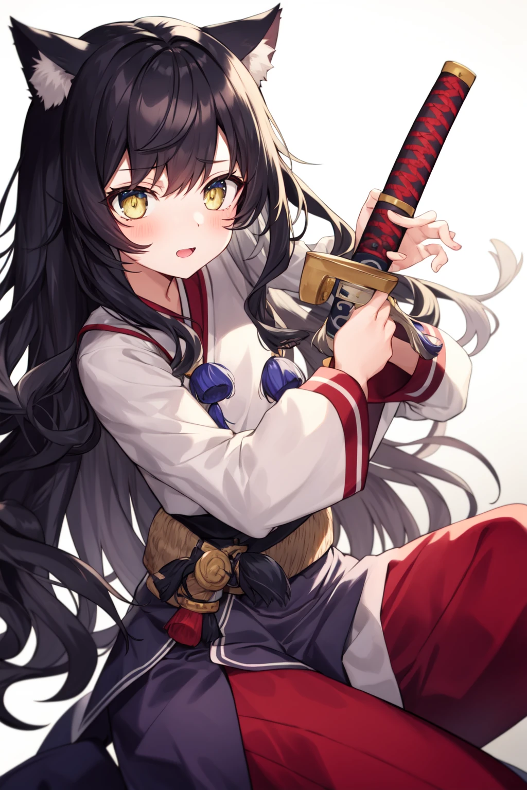 ainu, fair skin, wavy hair, black hair, amber eyes, cat ears, katana