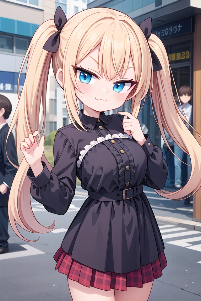 insanely detailed, absurdres, ultra-highres, ultra-detailed, best quality,
1girl, solo, nice hands, perfect hands,
BREAK
lanky,gothic dress,nylon clothes,denim dress,saddle jacket,red tartan-check pleated skirt
BREAK
(smirking, evil smile:1.2), closed mouth, (:3:1.3), v-shaped eyebrows, standing
BREAK
slender, kawaii, perfect symmetrical face, ultra cute girl, ultra cute face, ultra detailed eyes, ultra detailed hair, ultra cute, ultra beautiful,
BREAK
in harajuku, shibuya, tokyo, street, crowd, cityscape,
BREAK
medium large breasts,
blonde hair, blue eyes, twintails
