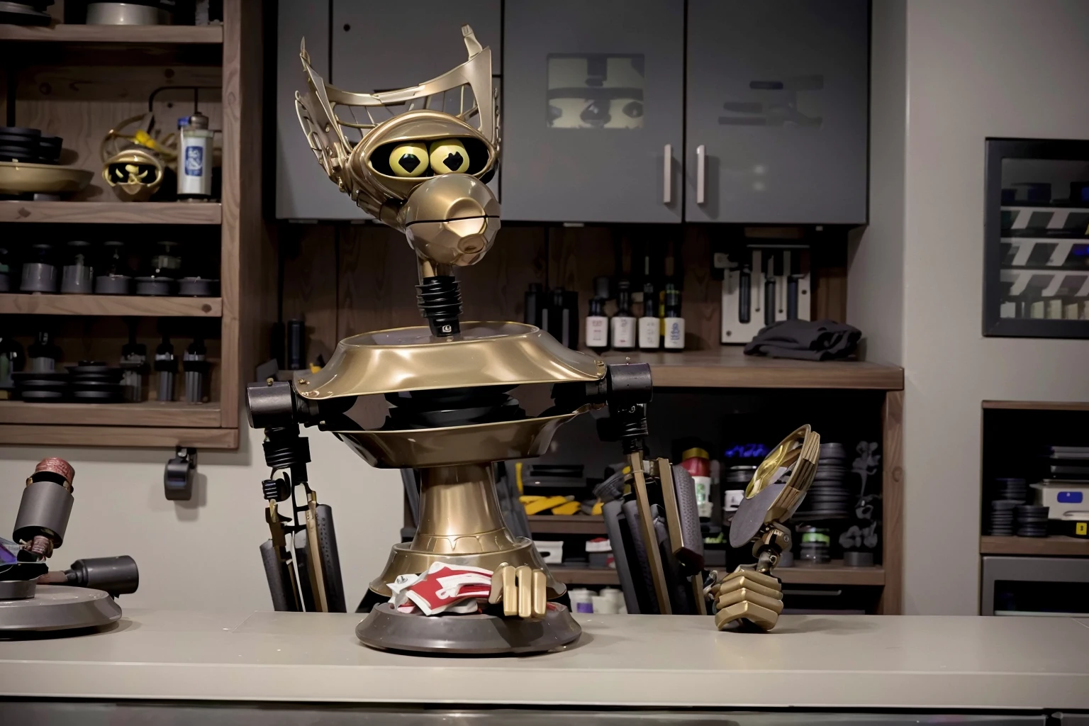 RAW photo of a robot, working at a fast food restaurant, standing behind the counter, working the cash register <lora:Crow_T._Robot:1>