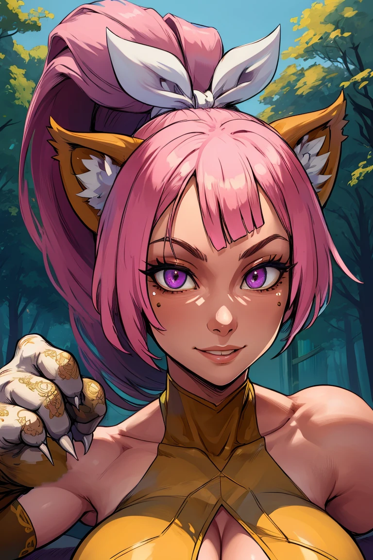 Felynn,yellow  eyes,cute,smiling,pink hair,ponytail,white hair ribbon,
claws,cat hands,toned,navel,bare shoulders,
toned,
morning,park,
(insanely detailed, beautiful detailed face,beautiful detailed eyes, masterpiece, best quality),<lora:Felynn-10Dv9:0.8>,