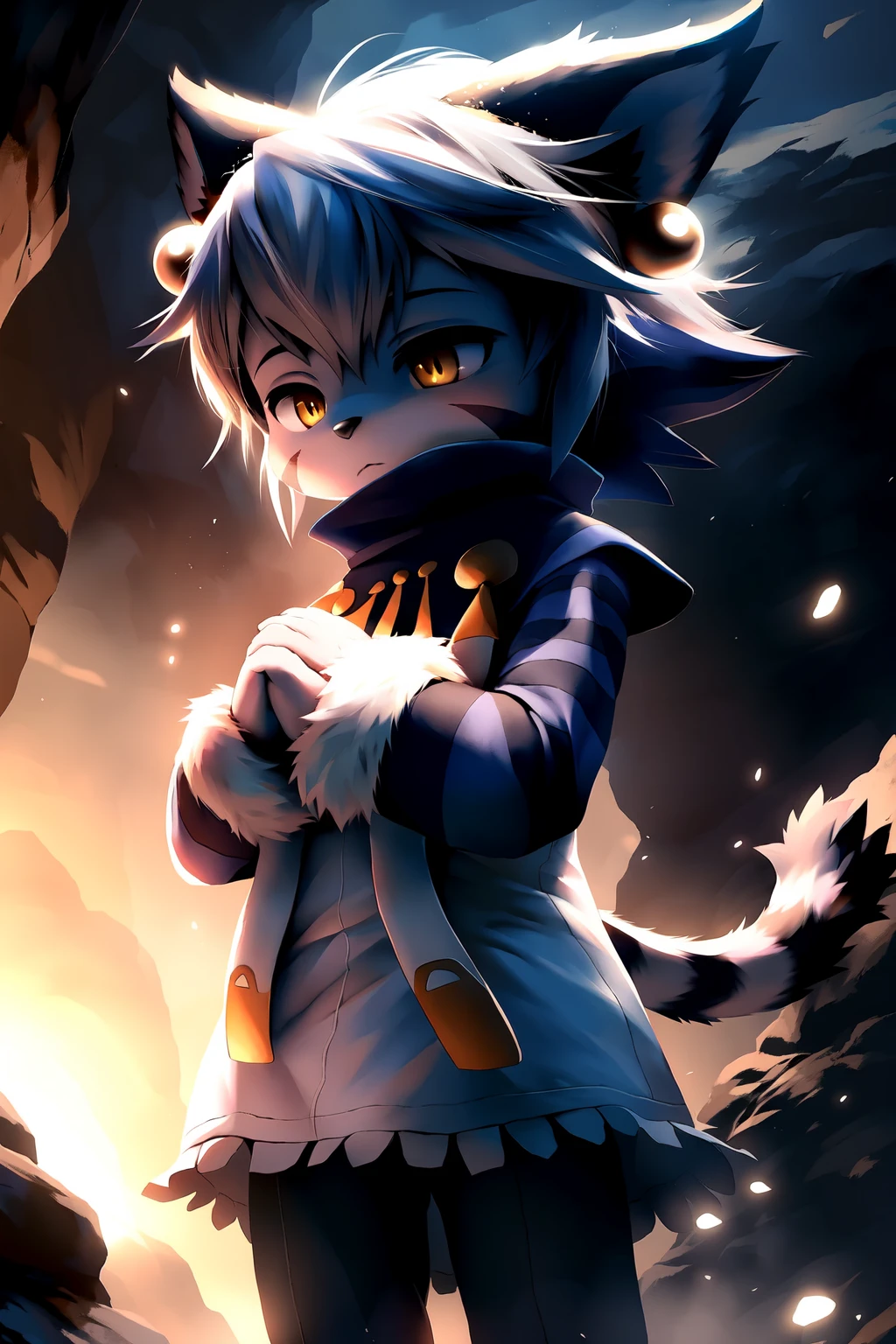 masterpiece, high quality, (by dagasi:0.4), absurd res, digital painting, elh, 1girl, solo, furry female, cowboy shot, cat girl, (detailed eyes:1.2), looking down, frown, half-closed eyes, yellow eyes, (body fur:1.15), (elhattire, strap:1.1), fur trim, fur-trimmed sleeves, black pants, standing, (own hands together:1.3), interlocked fingers, cat ears, white hair, short hair, detailed hair, earrings, facial mark, animal nose, striped tail, striped sleeves, detailed background, cave, rock, (fog, particles:1.1), (dark, low light, dark shadows:1.4), (8k hd, wide dynamic range, hdr:1.1) <lora:elhV2:1>