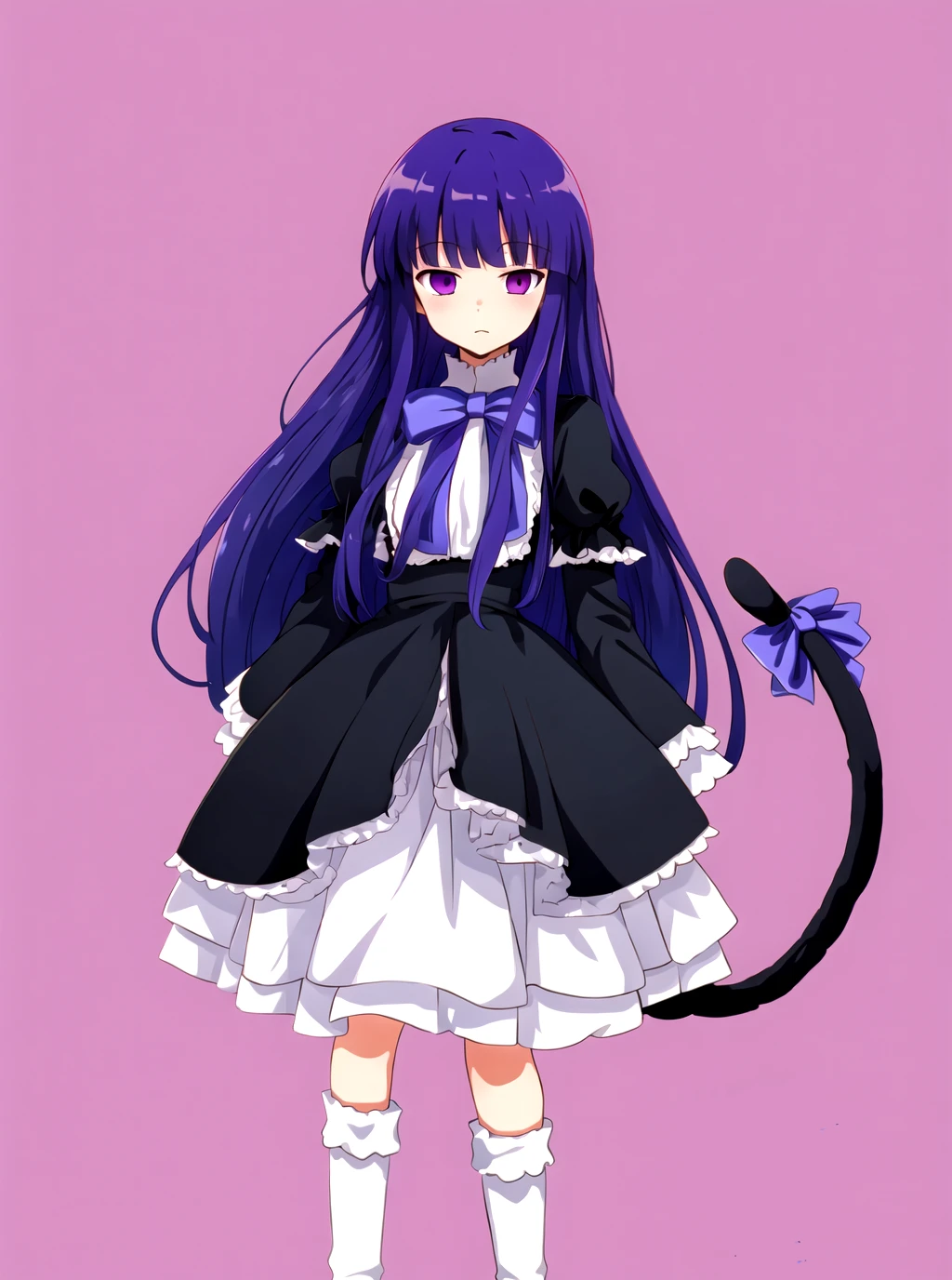 masterpiece, best quality, background forest, cloud background,   frederica bernkastel, blue hair, purple eyes, dress, cat tail, empty eyes, tail, long hair, bow, ribbon, knee highs, frills,  <lora:Frederica Bernkastel anyloraCheckpoint8ep26ryes40-000006:0.9>