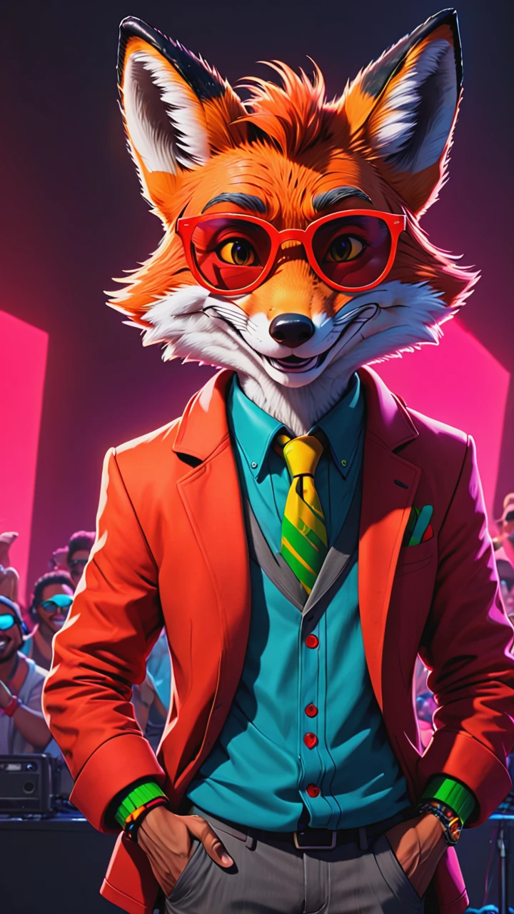 cyberpunk, line art, cartoon style, a mr.Fox, disney cartoon network, red sunny glasses, smile, reggae singer on stage, at a new Year party, neon, cartoon network character, comic painting, bold lines,  <lora:mr.Fox:0.8>