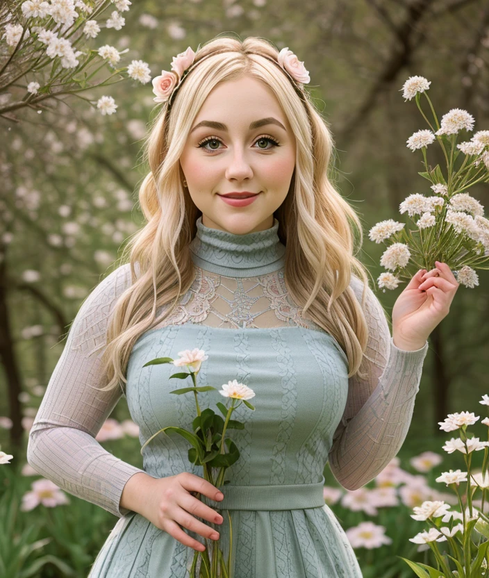 <m1sne>, woman, nature, Undergrowth, spring, upper body, Flowering, intricate, skirt lace, (dress, turtleneck), close portrait photo, seductive pose 