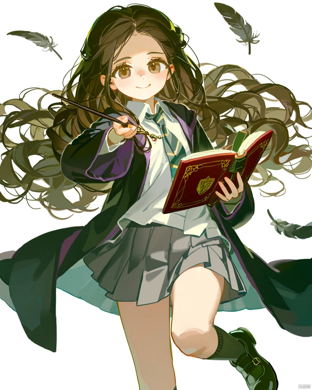 quality good, ciloranko, [sho_(sho_lwlw)], (((tianliang duohe fangdongye))) , (ningen_mame:0.7), hogwarts school uniform,  1girl,  solo,  long hair,  book,  school uniform,  holding,  wand,  skirt,  brown eyes,  brown hair,  grey skirt,  socks,  pleated skirt,  holding wand,  holding book,  kneehighs,  smile,  long sleeves,  necktie,  shirt,  simple background,  white background,  feathers,  bangs,  shoes,  standing,  looking at viewer,  white shirt,  wavy hair,  robe,  black robe