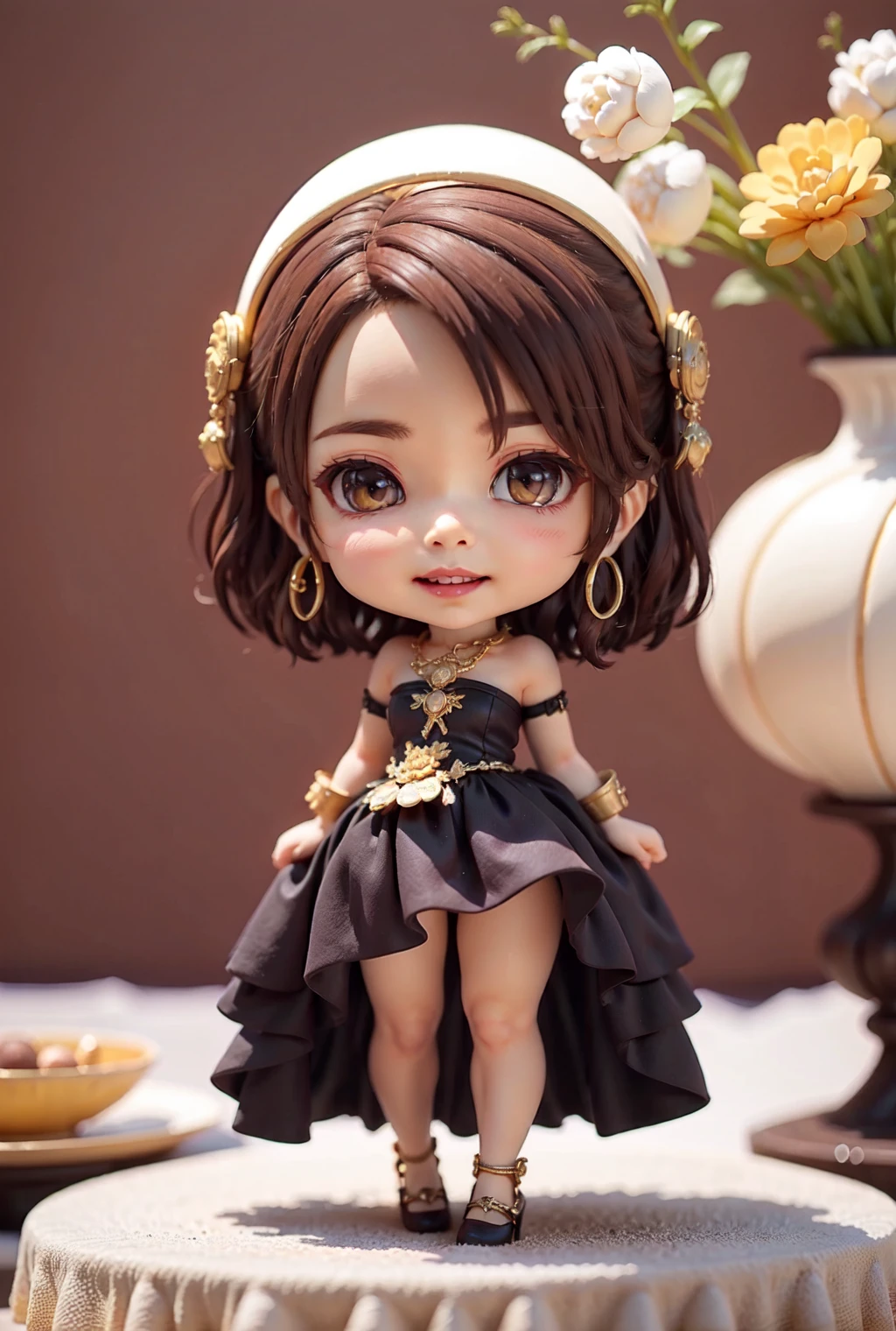 masterpiece,realistic,extremely intricate,extremely delicate,hyperrealistic render,best quality,highres,extremely detailed CG,perfect lighting,intricate detail,(full body:1.3),solo,1girl,light smile,upper teeth,lipstick,colorful eyeshadow,standing,brown hair,short hair,brown eyes,black long dress,Haute Couture,gem,corsage,jewelry,shiny skin,thighs,gold necklace,hoop earrings,(banquet:1.3),Cinematic Lighting,<lora:chibi_full-body_blindboxV1Mix:1.2>,(chibi:1.2),high heels,<lora:kim_v_1:0.75>,