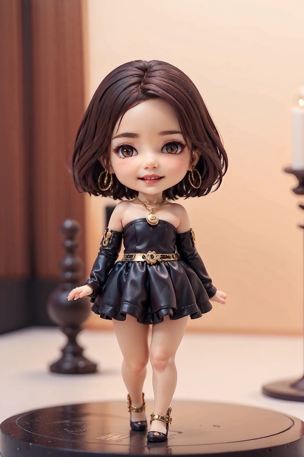 masterpiece,realistic,extremely intricate,extremely delicate,hyperrealistic render,best quality,highres,extremely detailed CG,perfect lighting,intricate detail,(full body:1.3),solo,1girl,light smile,upper teeth,lipstick,colorful eyeshadow,standing,brown hair,short hair,brown eyes,black long dress,Haute Couture,gem,corsage,jewelry,shiny skin,thighs,gold necklace,hoop earrings,(banquet:1.3),Cinematic Lighting,<lora:chibi_full-body_blindboxV1Mix:1.2>,(chibi:1.2),high heels,<lora:kim_v_1:0.75>,