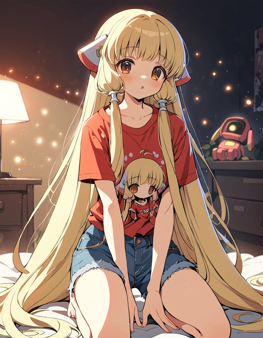 1girl, chii, chobits, clamp art style, very long hair, yellow hair, orange eyes, robot ears, pink and white hair tubes, :o, jeans shorts, red T shirt,  indoors, bedroom, masterpiece, best quality, newest, cinematic lighting, side lighting, depth of field, bokeh, look away, hands on floor, kneel, solo,