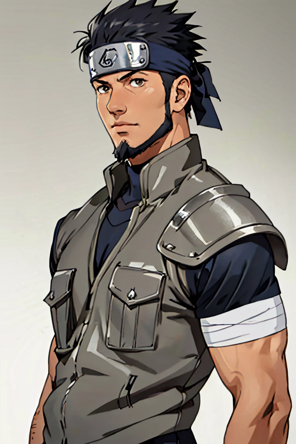 Asuma Sarutobi,  Japanese,  brown eyes,  olive skin,  short black spiky hair,  beard on chin and cheekbone,  (shaved philtrum,  hairless philtrum:1.3),  lsaid-back individual,  dashing,  shinobi sandals,  forehead protector,  clothing,  wore a white short-sleeved shirt with a blue and black collar over chain-mail armour,  along with a simple white vest,  a pair of black pants,  simple background,  fit body,  handsome,  charming,  alluring,  intense gaze,  (standing),  (upper body in frame),  perfect light,  only1 image,  perfect anatomy,  perfect proportions,  perfect perspective,  8k,  HQ,  (best quality:1.2,  hyperrealistic:1.2,  photorealistic:1.2,  madly detailed CG unity 8k wallpaper:1.2,  masterpiece:1.2,  madly detailed photo:1.2),  (hyper-realistic lifelike texture:1.2,  realistic eyes:1.2),  picture-perfect face,  perfect eye pupil,  detailed eyes,  realistic,  HD,  UHD,  (front view:1.2),  portrait, Asuma Sarutobi,<lora:EMS-498-EMS:0.100000>,<lora:EMS-264196-EMS:0.600000>