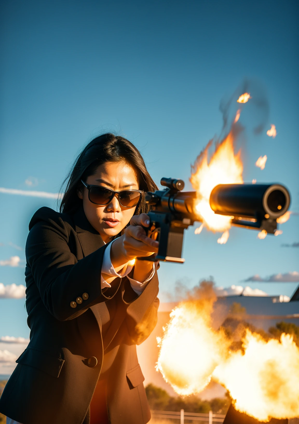 movie still of Matrix, action angle, a stunning japanese woman firing a gun, muzzle flash, sunglasses,