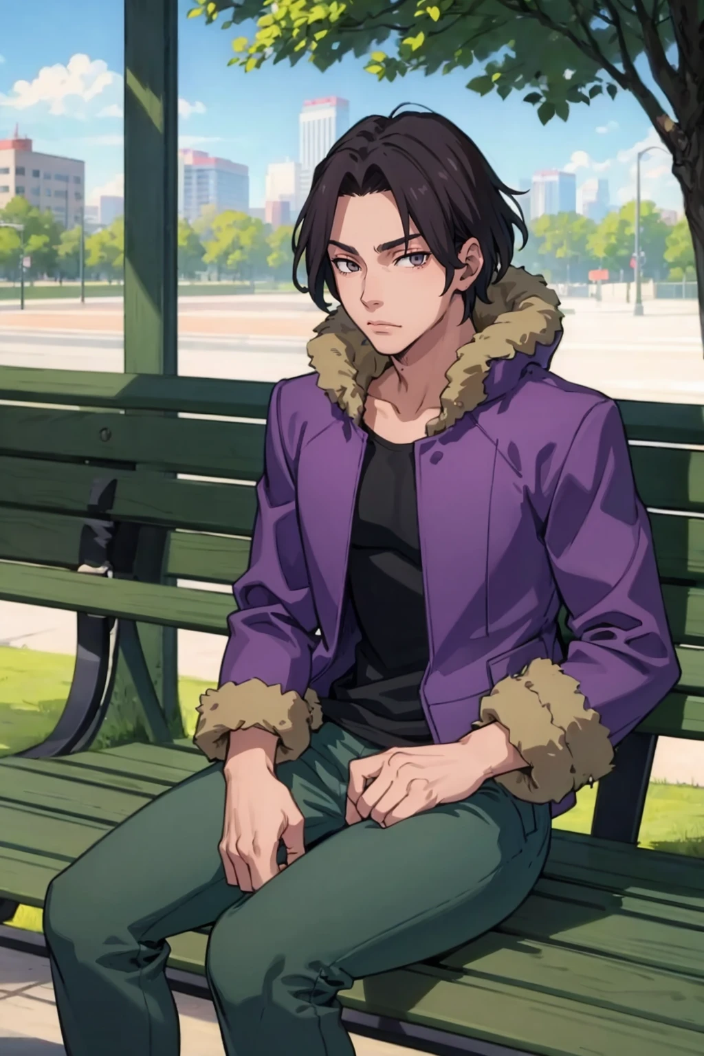 masterpiece, best quality, solo, 1boy, looking at viewer, <lora:Ronaldo_Fp:1>, ronaldodesu2, purple jacket, fur trim, pants, sitting, park, park bench,