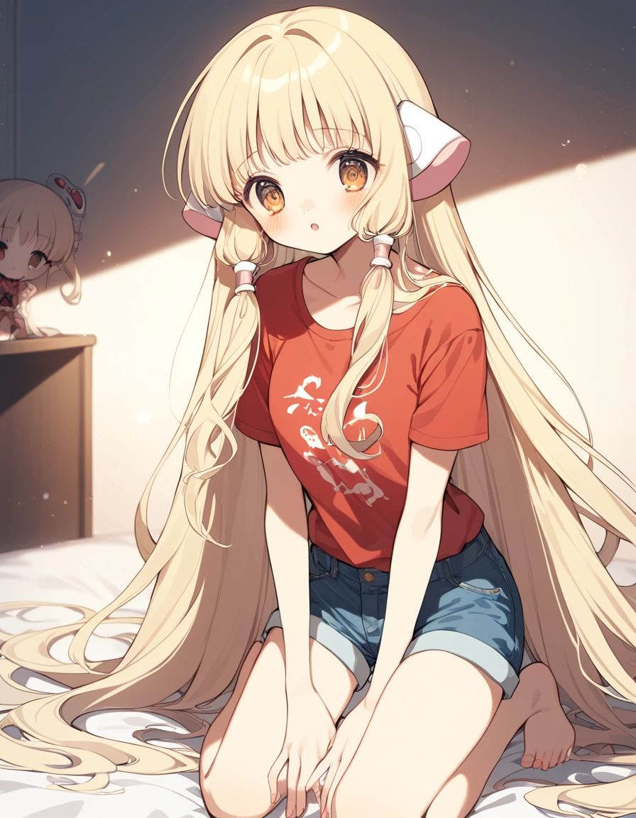 1girl, chii, chobits, clamp art style, very long hair, yellow hair, orange eyes, robot ears, pink and white hair tubes, :o, jeans shorts, red T shirt,  indoors, bedroom, masterpiece, best quality, newest, cinematic lighting, side lighting, depth of field, bokeh, look away, hands on floor, kneel, solo,